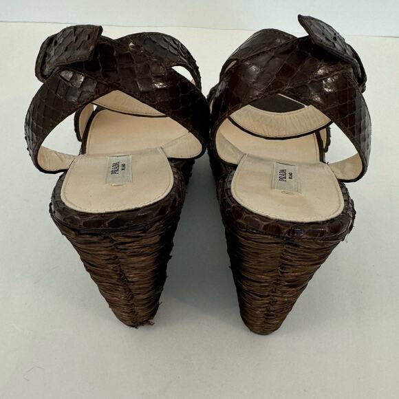 Prada Raffia Wicker Wedge Platform Sandals Dark Brown Open-Toe | IT 40 (US 10) - Picture 6 of 10